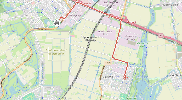 Kaart van de omgeving van de melding, met de kazerne die is gealarmeerd