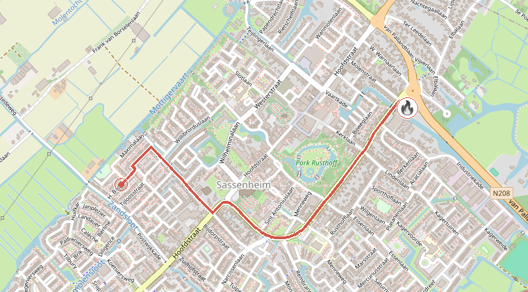 Kaart van de omgeving van de melding, met de kazerne die is gealarmeerd