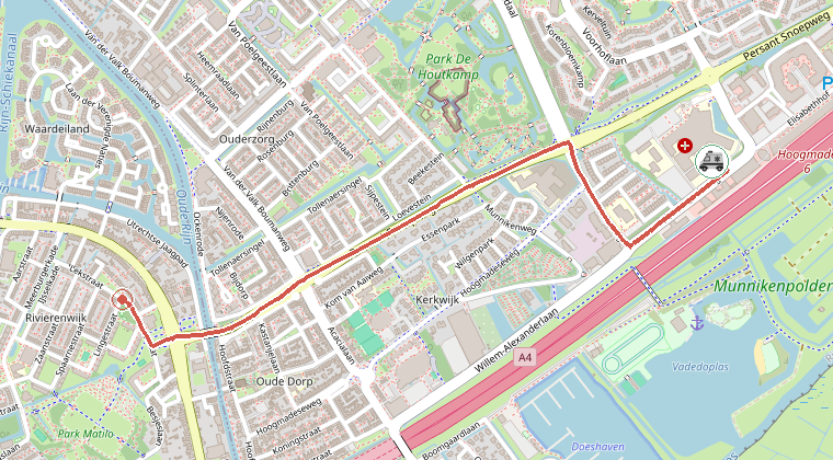 Kaart van de omgeving van de melding, met de kazerne die is gealarmeerd