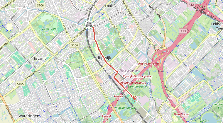 Kaart van de omgeving van de melding, met de kazerne die is gealarmeerd