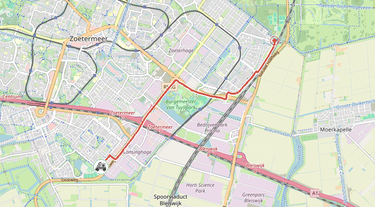 Kaart van de omgeving van de melding, met de kazerne die is gealarmeerd