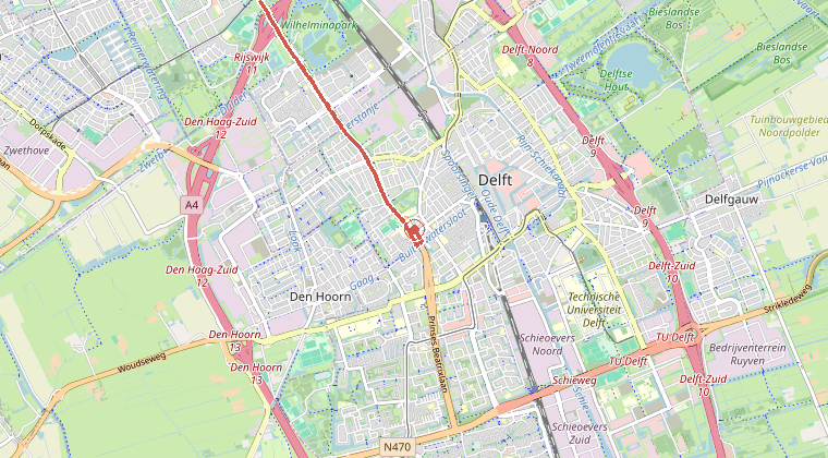 Kaart van de omgeving van de melding, met de kazerne die is gealarmeerd