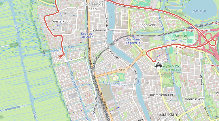 Kaart van de omgeving van de melding, met de kazerne die is gealarmeerd