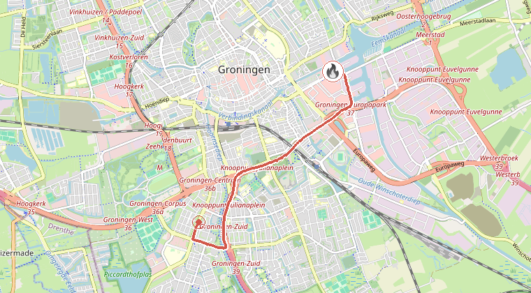 Kaart van de omgeving van de melding, met de kazerne die is gealarmeerd