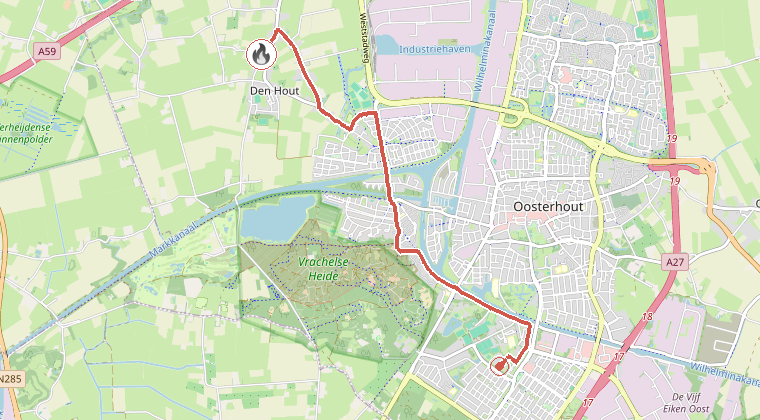 Kaart van de omgeving van de melding, met de kazerne die is gealarmeerd