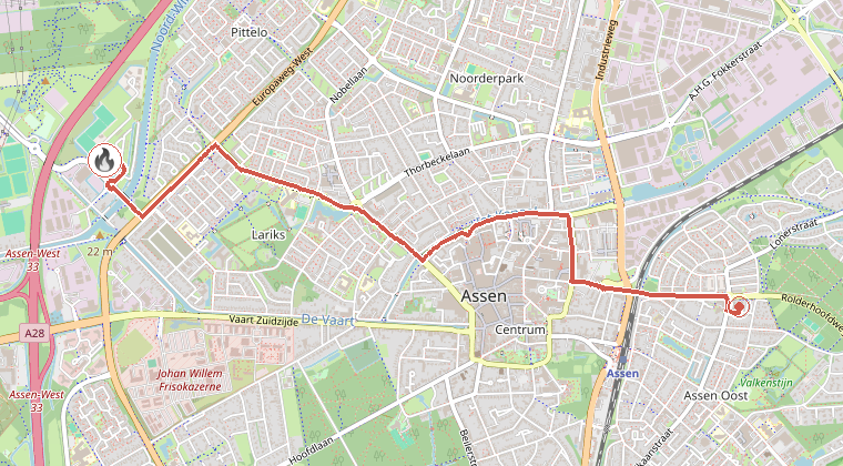 Kaart van de omgeving van de melding, met de kazerne die is gealarmeerd