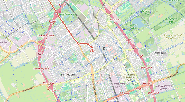 Kaart van de omgeving van de melding, met de kazerne die is gealarmeerd