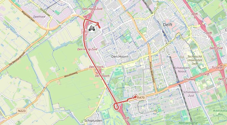 Kaart van de omgeving van de melding, met de kazerne die is gealarmeerd