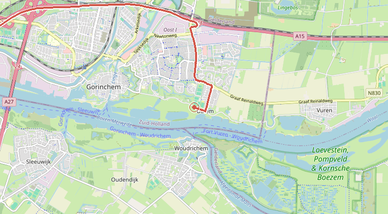 Kaart van de omgeving van de melding, met de kazerne die is gealarmeerd