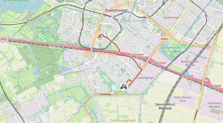 Kaart van de omgeving van de melding, met de kazerne die is gealarmeerd