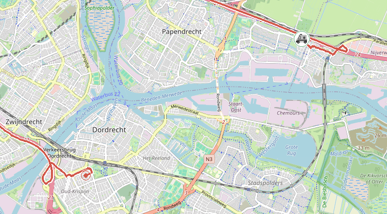Kaart van de omgeving van de melding, met de kazerne die is gealarmeerd