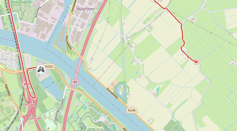 Kaart van de omgeving van de melding, met de kazerne die is gealarmeerd