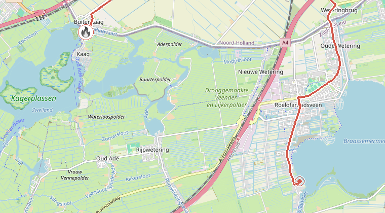 Kaart van de omgeving van de melding, met de kazerne die is gealarmeerd