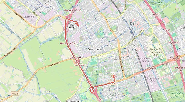 Kaart van de omgeving van de melding, met de kazerne die is gealarmeerd