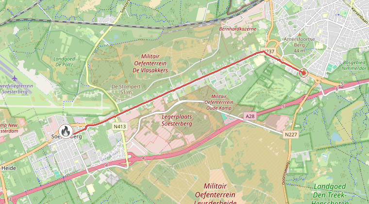 Kaart van de omgeving van de melding, met de kazerne die is gealarmeerd