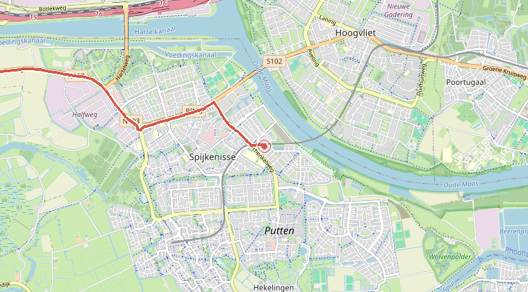 Kaart van de omgeving van de melding, met de kazerne die is gealarmeerd