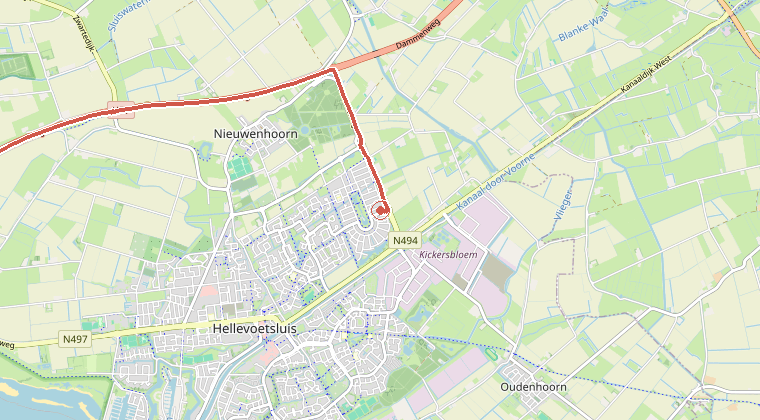 Kaart van de omgeving van de melding, met de kazerne die is gealarmeerd