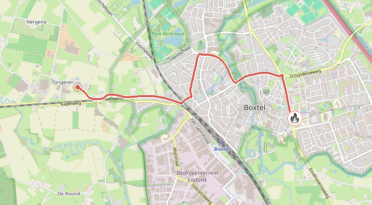 Kaart van de omgeving van de melding, met de kazerne die is gealarmeerd