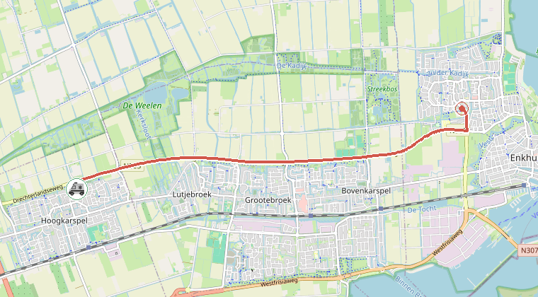 Kaart van de omgeving van de melding, met de kazerne die is gealarmeerd
