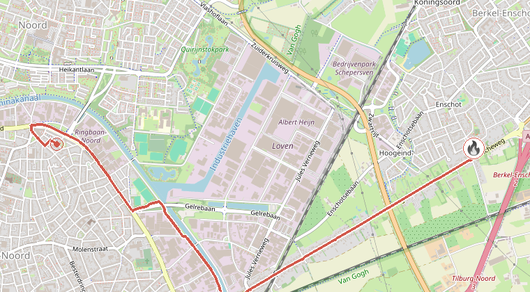 Kaart van de omgeving van de melding, met de kazerne die is gealarmeerd