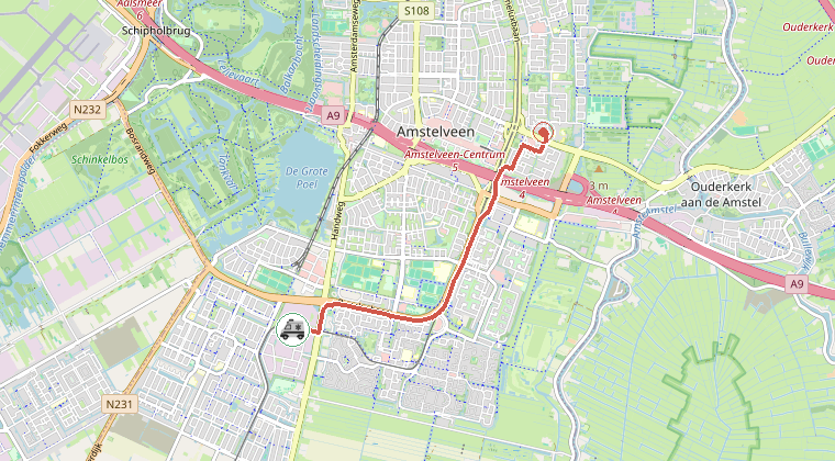 Kaart van de omgeving van de melding, met de kazerne die is gealarmeerd