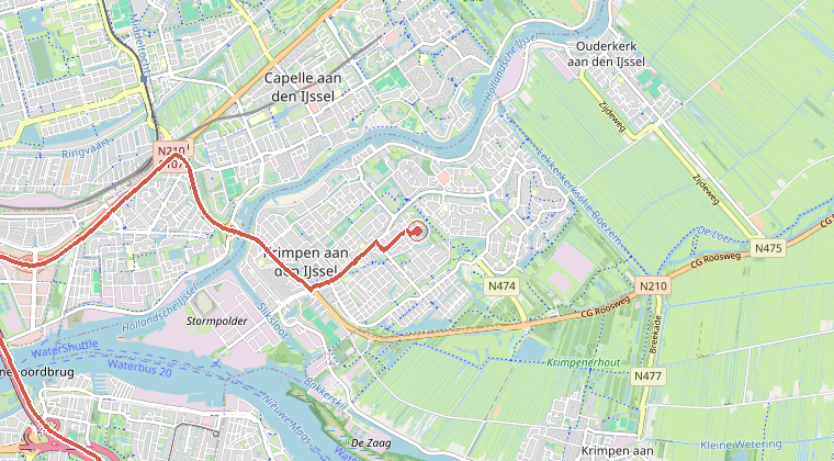 Kaart van de omgeving van de melding, met de kazerne die is gealarmeerd