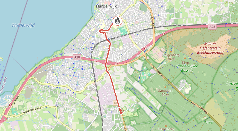 Kaart van de omgeving van de melding, met de kazerne die is gealarmeerd