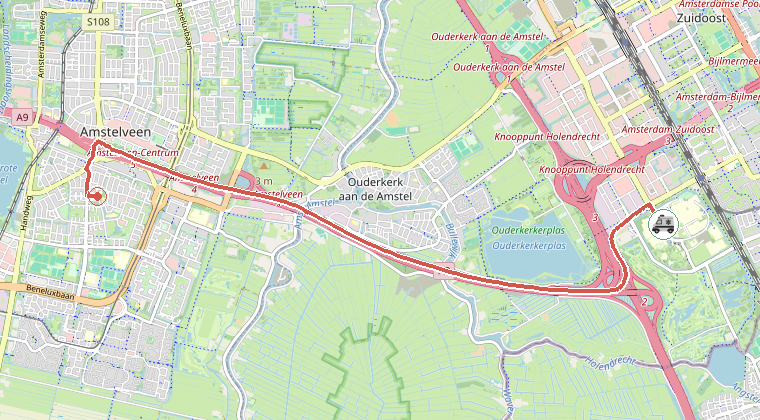 Kaart van de omgeving van de melding, met de kazerne die is gealarmeerd