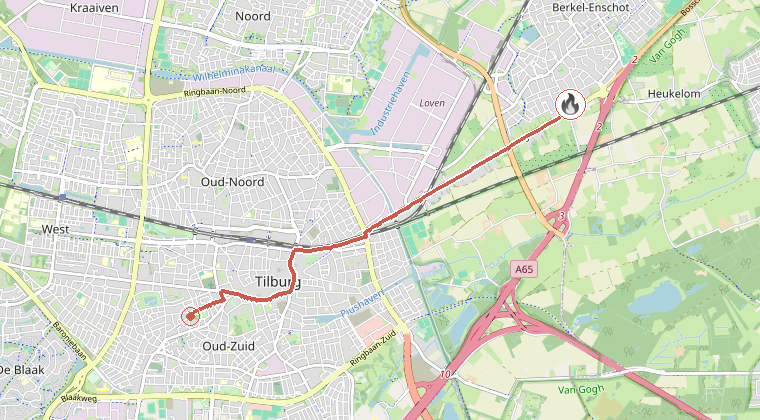 Kaart van de omgeving van de melding, met de kazerne die is gealarmeerd
