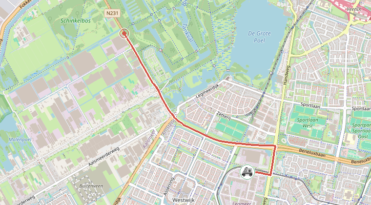 Kaart van de omgeving van de melding, met de kazerne die is gealarmeerd