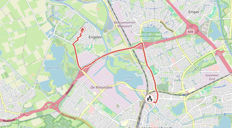 Kaart van de omgeving van de melding, met de kazerne die is gealarmeerd