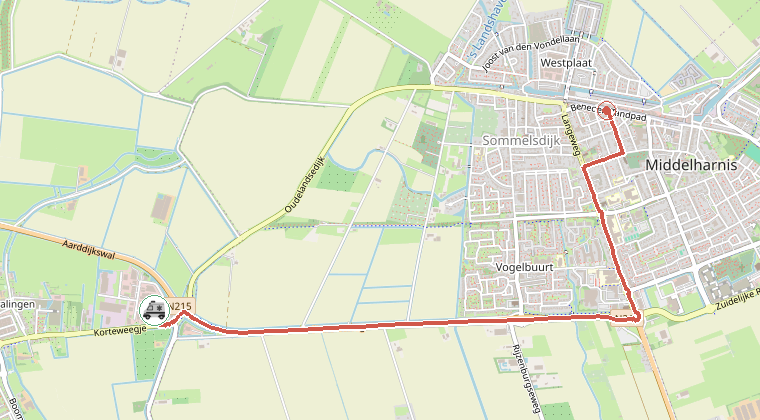 Kaart van de omgeving van de melding, met de kazerne die is gealarmeerd