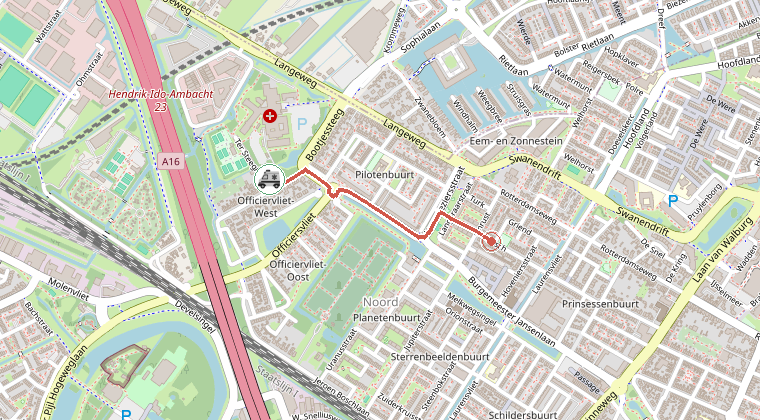 Kaart van de omgeving van de melding, met de kazerne die is gealarmeerd