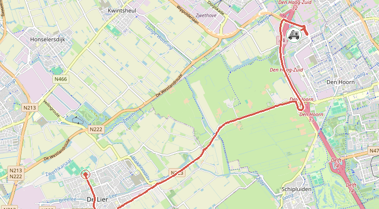 Kaart van de omgeving van de melding, met de kazerne die is gealarmeerd
