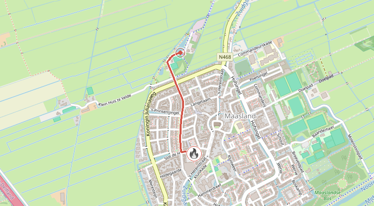 Kaart van de omgeving van de melding, met de kazerne die is gealarmeerd