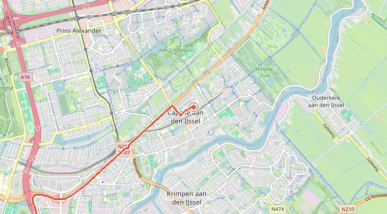 Kaart van de omgeving van de melding, met de kazerne die is gealarmeerd