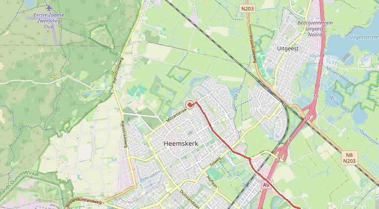 Kaart van de omgeving van de melding, met de kazerne die is gealarmeerd