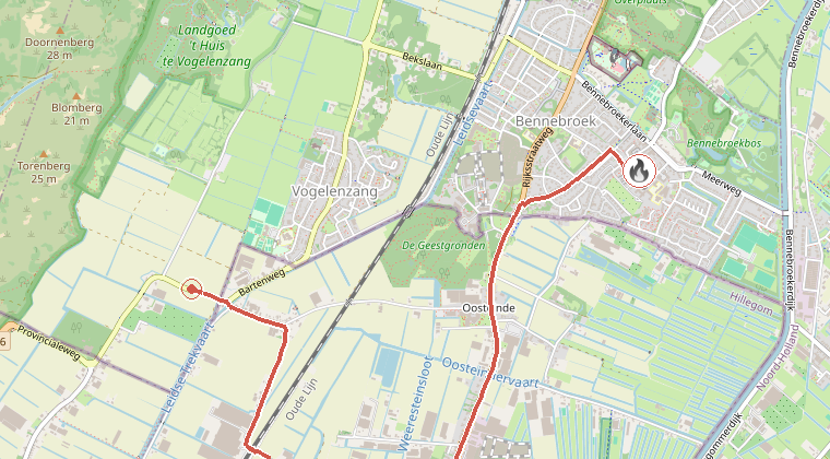 Kaart van de omgeving van de melding, met de kazerne die is gealarmeerd