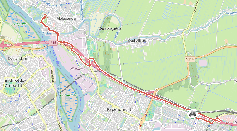 Kaart van de omgeving van de melding, met de kazerne die is gealarmeerd