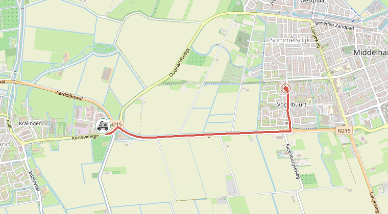 Kaart van de omgeving van de melding, met de kazerne die is gealarmeerd