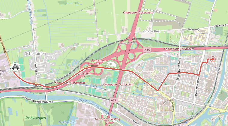 Kaart van de omgeving van de melding, met de kazerne die is gealarmeerd