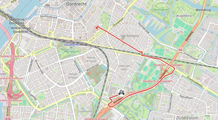 Kaart van de omgeving van de melding, met de kazerne die is gealarmeerd
