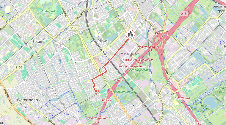 Kaart van de omgeving van de melding, met de kazerne die is gealarmeerd