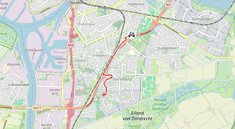 Kaart van de omgeving van de melding, met de kazerne die is gealarmeerd