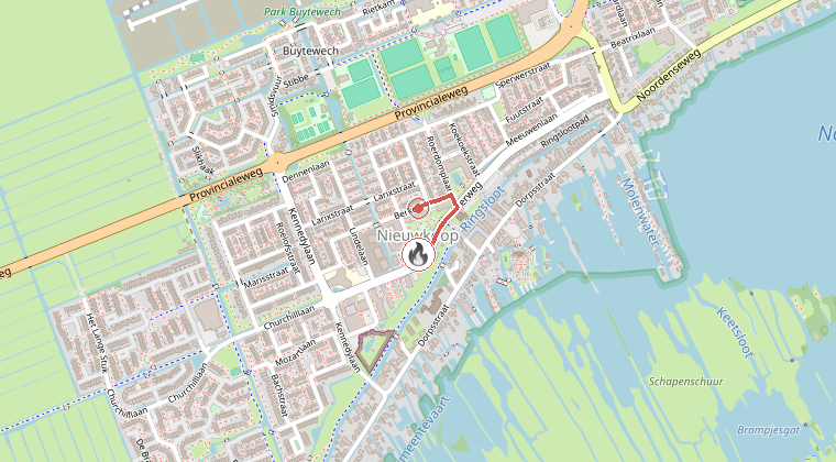 Kaart van de omgeving van de melding, met de kazerne die is gealarmeerd