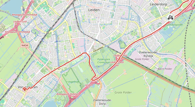 Kaart van de omgeving van de melding, met de kazerne die is gealarmeerd