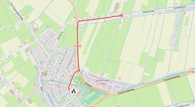 Kaart van de omgeving van de melding, met de kazerne die is gealarmeerd