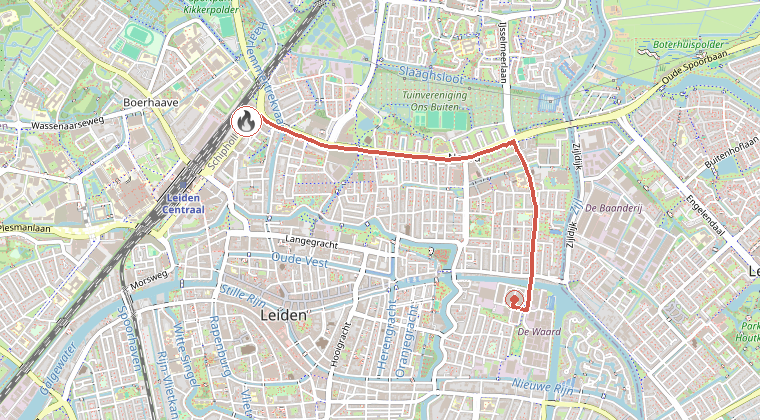 Kaart van de omgeving van de melding, met de kazerne die is gealarmeerd