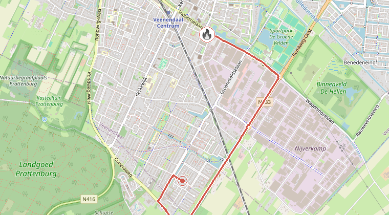 Kaart van de omgeving van de melding, met de kazerne die is gealarmeerd