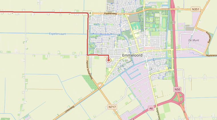 Kaart van de omgeving van de melding, met de kazerne die is gealarmeerd
